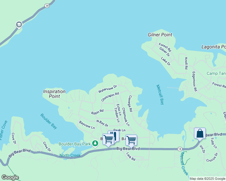 map of restaurants, bars, coffee shops, grocery stores, and more near 39197 Waterview Drive in Big Bear Lake