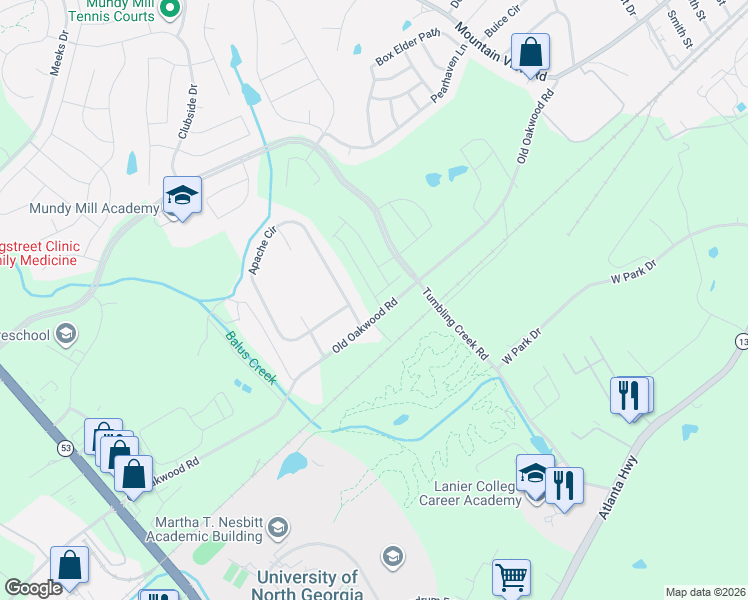 map of restaurants, bars, coffee shops, grocery stores, and more near 3100 Old Oakwood Road in Oakwood
