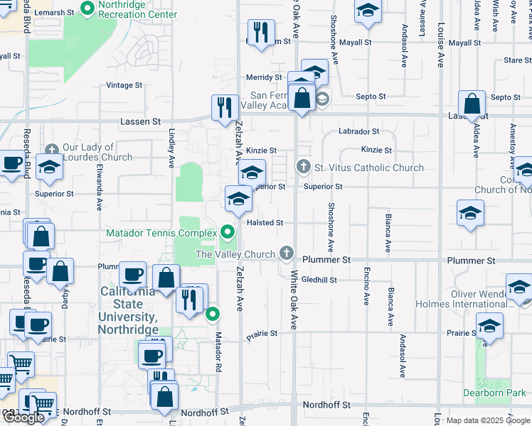 map of restaurants, bars, coffee shops, grocery stores, and more near 17809 Halsted Street in Los Angeles