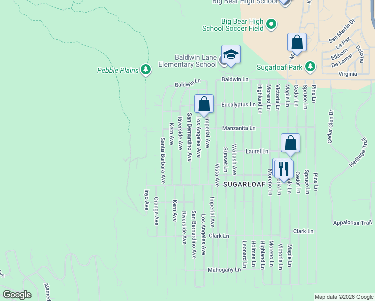 map of restaurants, bars, coffee shops, grocery stores, and more near 376 San Bernardino Avenue in Big Bear