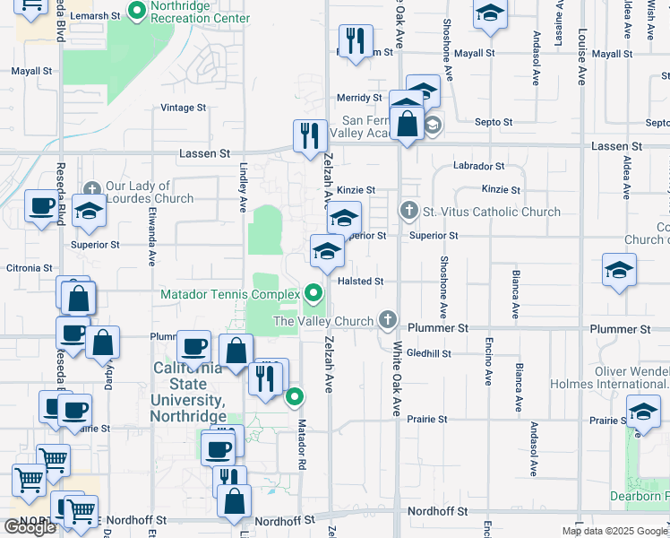 map of restaurants, bars, coffee shops, grocery stores, and more near 9610 Zelzah Avenue in Los Angeles