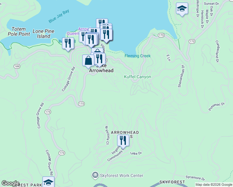 map of restaurants, bars, coffee shops, grocery stores, and more near 365 Mittry Lane in Lake Arrowhead