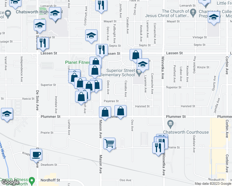 map of restaurants, bars, coffee shops, grocery stores, and more near 9630 Fullbright Avenue in Los Angeles