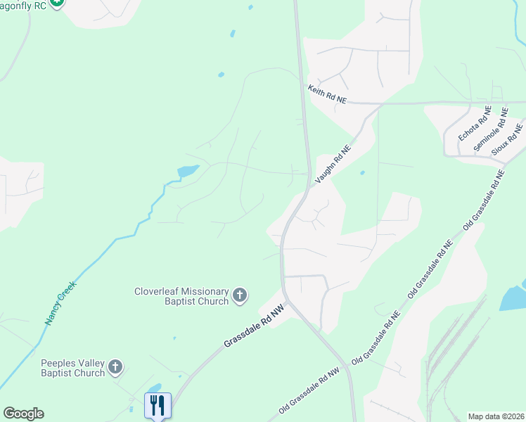 map of restaurants, bars, coffee shops, grocery stores, and more near 23 Ridgeline Way in Cartersville