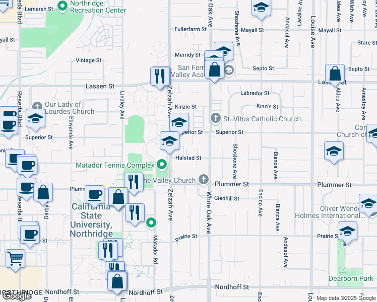 map of restaurants, bars, coffee shops, grocery stores, and more near 17809 Halsted Street in Los Angeles
