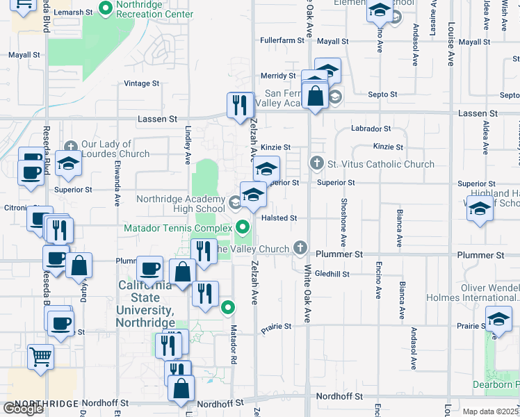 map of restaurants, bars, coffee shops, grocery stores, and more near 9610 Zelzah Avenue in Los Angeles