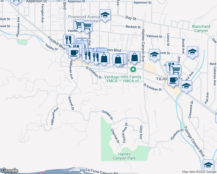 map of restaurants, bars, coffee shops, grocery stores, and more near High Cliff Trail in Los Angeles
