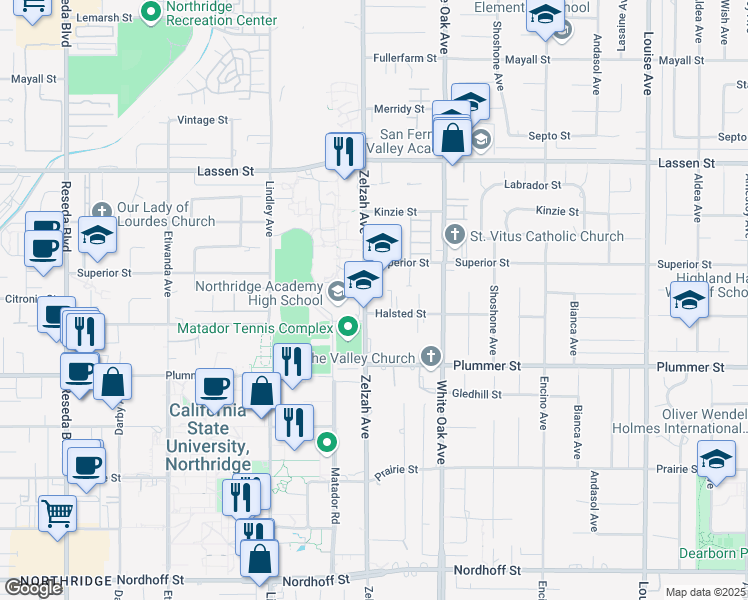 map of restaurants, bars, coffee shops, grocery stores, and more near 9610 Zelzah Avenue in Los Angeles
