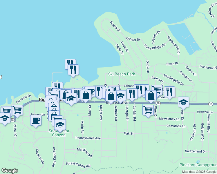 map of restaurants, bars, coffee shops, grocery stores, and more near 401 Knight Avenue in Big Bear Lake