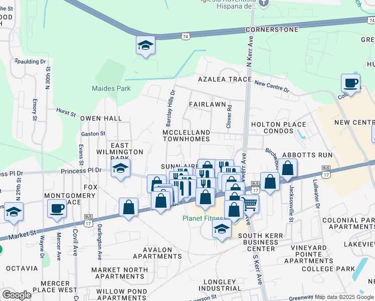 map of restaurants, bars, coffee shops, grocery stores, and more near 319 Saint Rosea Road in Wilmington