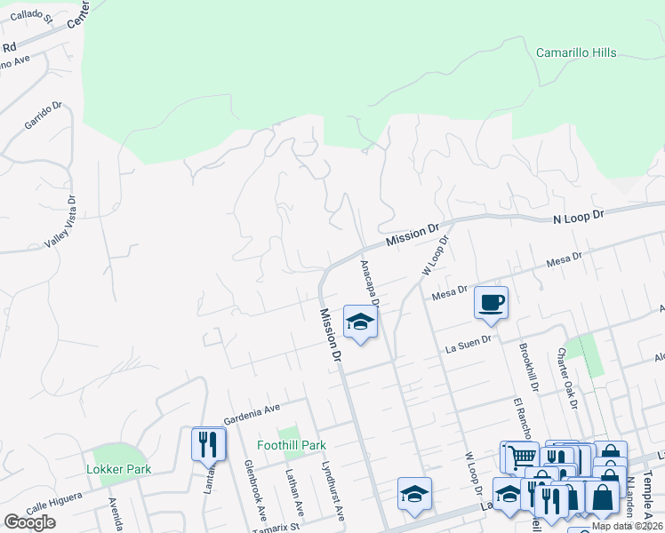 map of restaurants, bars, coffee shops, grocery stores, and more near 713 Mission Drive in Camarillo