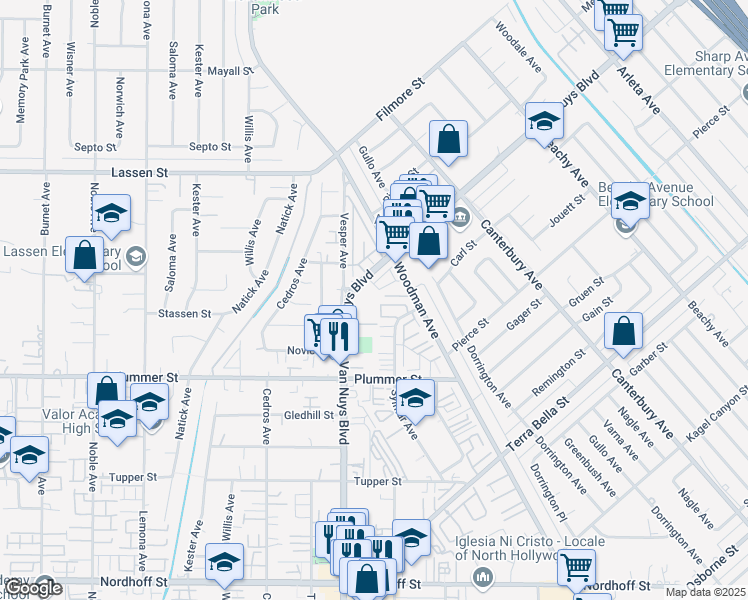map of restaurants, bars, coffee shops, grocery stores, and more near 9640 Van Nuys Boulevard in Los Angeles