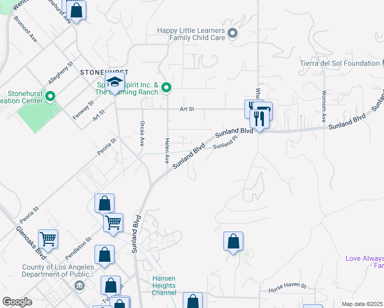 map of restaurants, bars, coffee shops, grocery stores, and more near 9578 Sunland Boulevard in Los Angeles