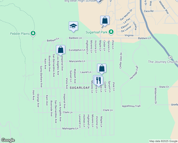map of restaurants, bars, coffee shops, grocery stores, and more near 406 Highland Lane in Big Bear