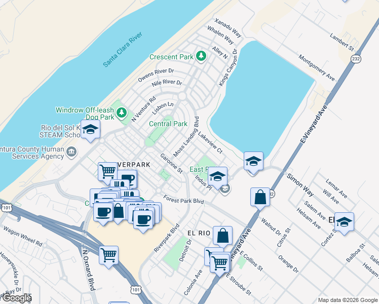 map of restaurants, bars, coffee shops, grocery stores, and more near 3115 Nimes Lane in Oxnard