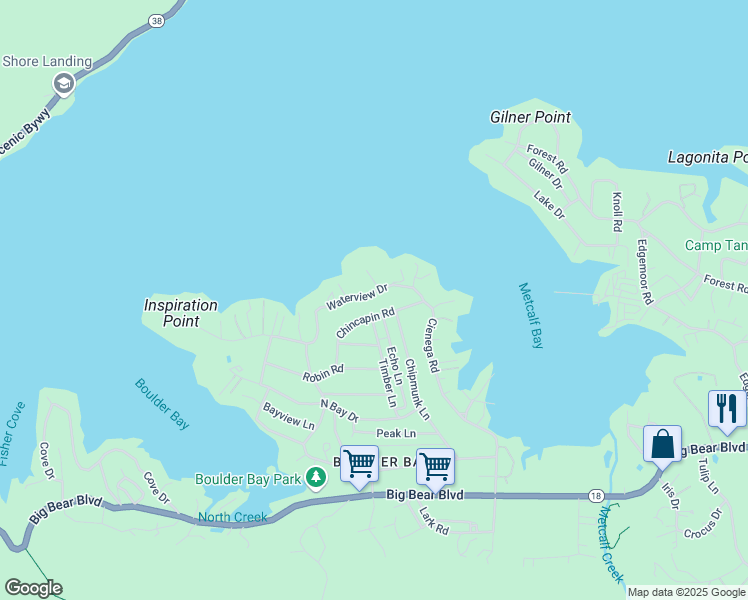map of restaurants, bars, coffee shops, grocery stores, and more near 39197 Waterview Drive in Big Bear Lake