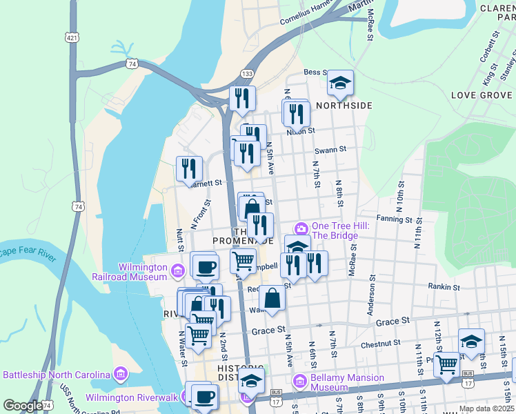 map of restaurants, bars, coffee shops, grocery stores, and more near 805 North 4th Street in Wilmington