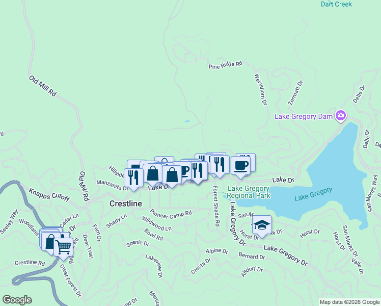 map of restaurants, bars, coffee shops, grocery stores, and more near 23965 Zurich Drive in Crestline