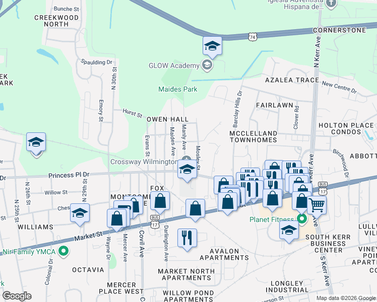 map of restaurants, bars, coffee shops, grocery stores, and more near 434 Manly Avenue in Wilmington