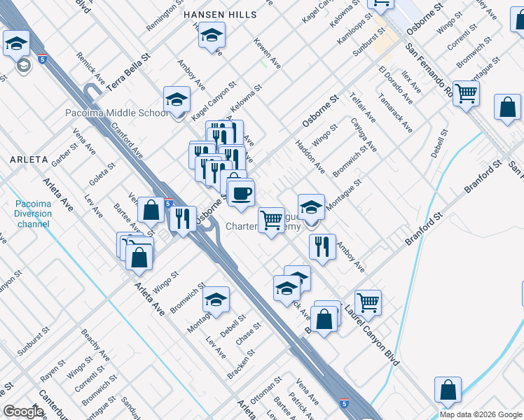map of restaurants, bars, coffee shops, grocery stores, and more near 9650 Laurel Canyon Boulevard in Los Angeles