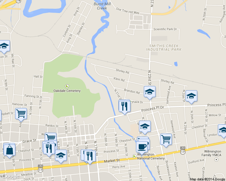 map of restaurants, bars, coffee shops, grocery stores, and more near 453 North 21st Street in Wilmington