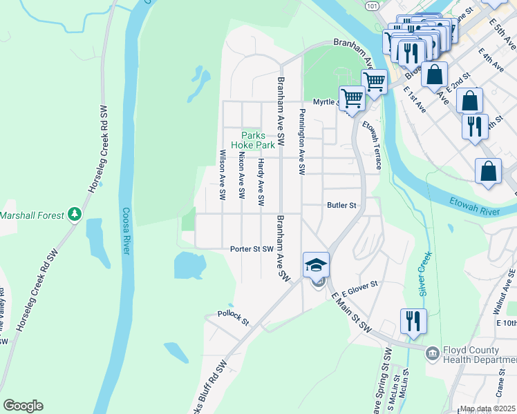 map of restaurants, bars, coffee shops, grocery stores, and more near 412 Hardy Avenue Southwest in Rome