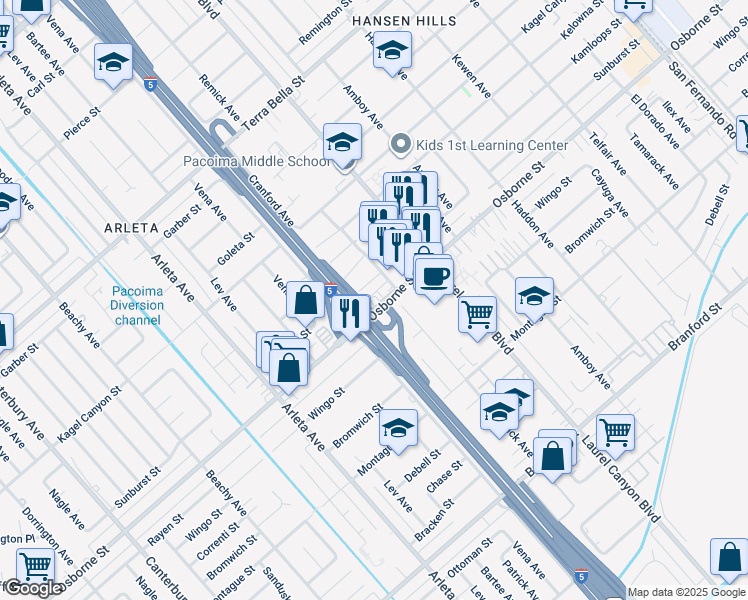 map of restaurants, bars, coffee shops, grocery stores, and more near 13255 Osborne Street in Los Angeles