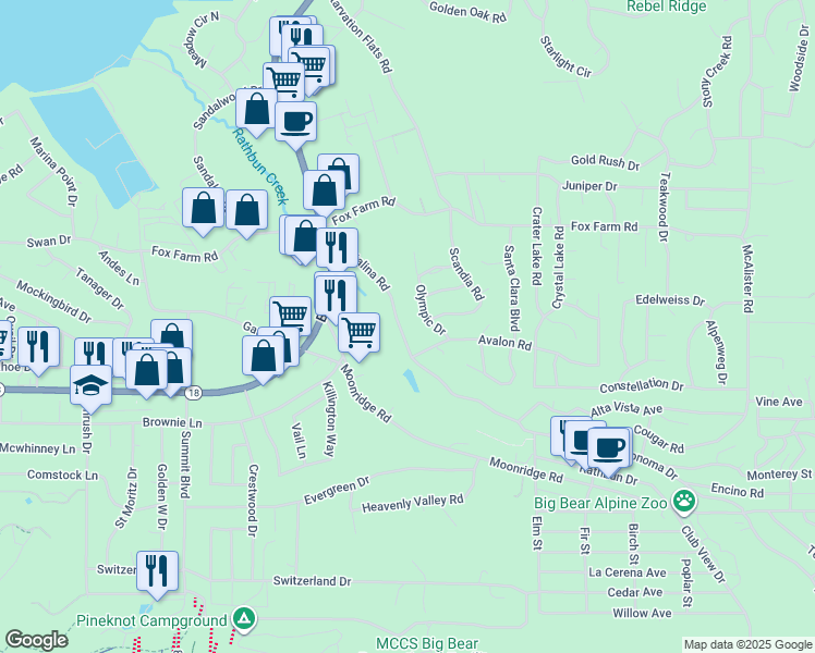 map of restaurants, bars, coffee shops, grocery stores, and more near 400 Catalina Road in Big Bear Lake