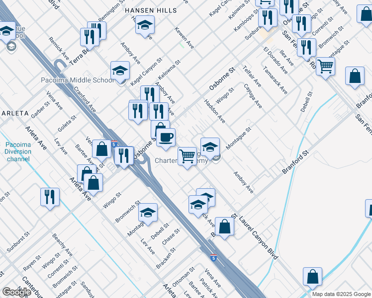 map of restaurants, bars, coffee shops, grocery stores, and more near 9664 Laurel Canyon Boulevard in Los Angeles
