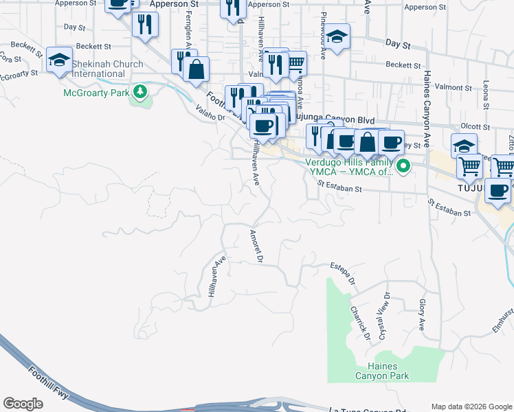 map of restaurants, bars, coffee shops, grocery stores, and more near 9631 Oak Bend Drive in Los Angeles