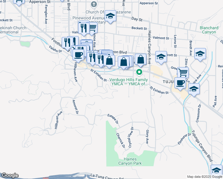 map of restaurants, bars, coffee shops, grocery stores, and more near High Cliff Trail in Los Angeles
