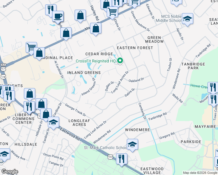 map of restaurants, bars, coffee shops, grocery stores, and more near 245 Dallas Drive in Wilmington