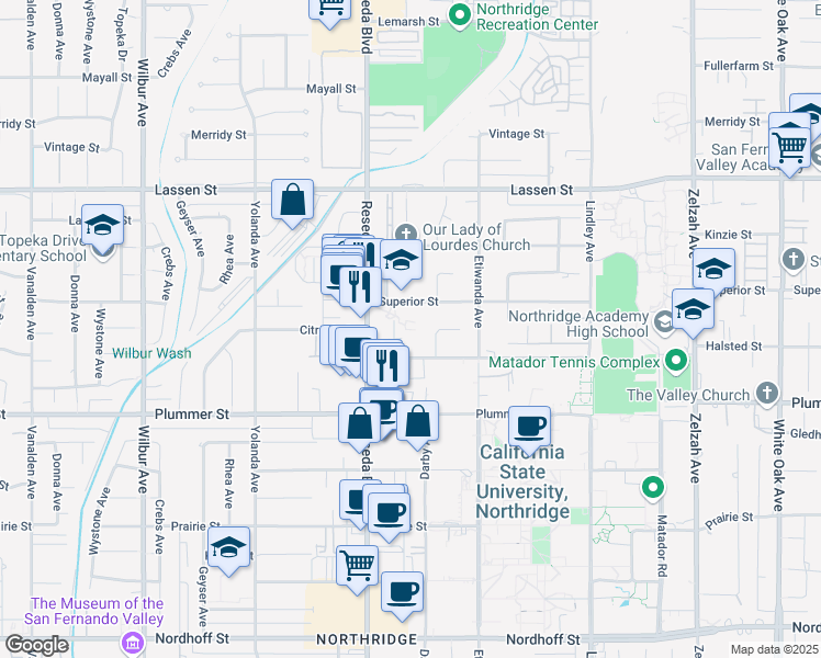 map of restaurants, bars, coffee shops, grocery stores, and more near 9626 Reseda Boulevard in Los Angeles