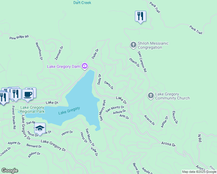 map of restaurants, bars, coffee shops, grocery stores, and more near 406 Darfo Drive in Crestline