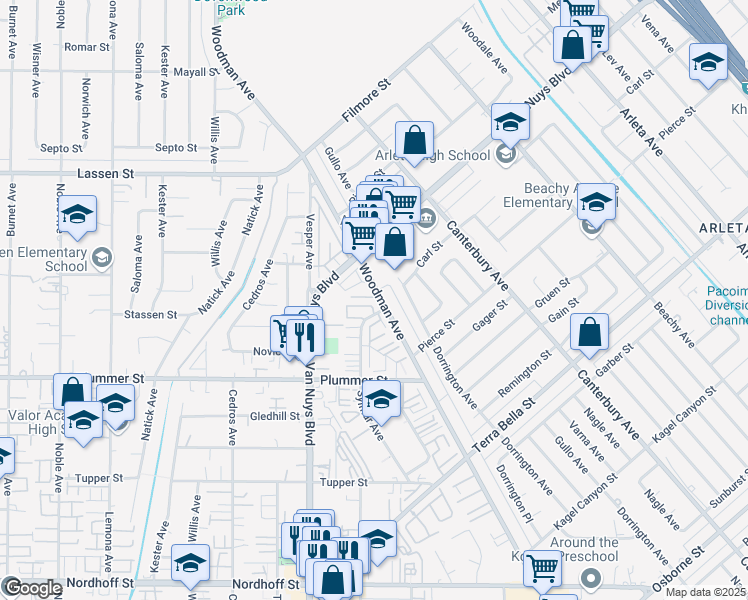 map of restaurants, bars, coffee shops, grocery stores, and more near 9635 Woodman Avenue in Los Angeles