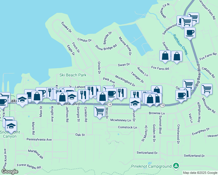 map of restaurants, bars, coffee shops, grocery stores, and more near 387 Wren Drive in Big Bear Lake
