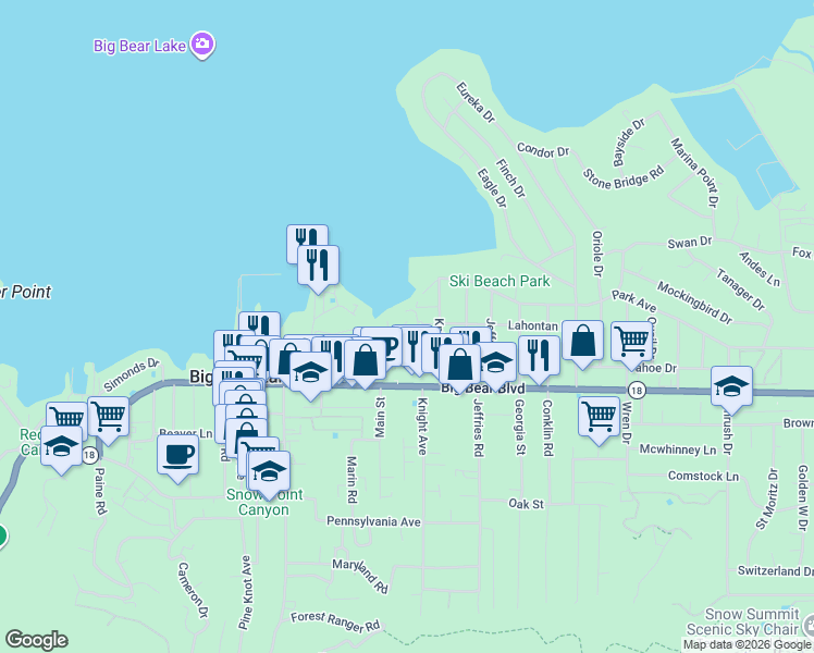 map of restaurants, bars, coffee shops, grocery stores, and more near 41150 Lahontan Drive in Big Bear Lake