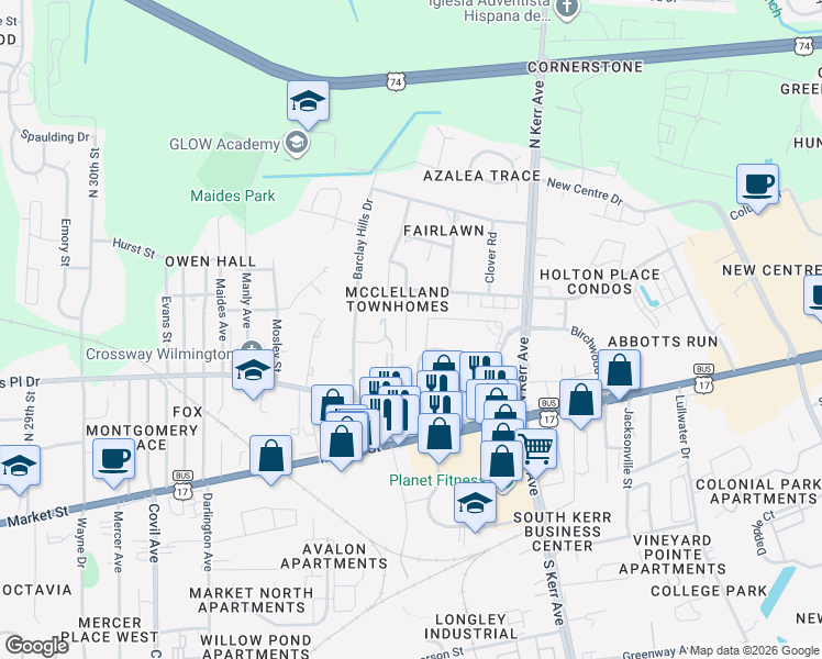 map of restaurants, bars, coffee shops, grocery stores, and more near 309 Saint Rosea Road in Wilmington