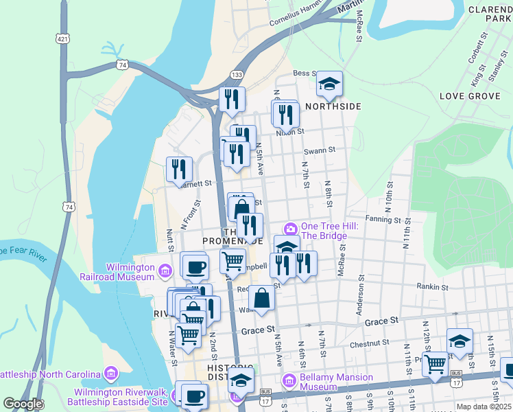 map of restaurants, bars, coffee shops, grocery stores, and more near 414 Bladen Street in Wilmington