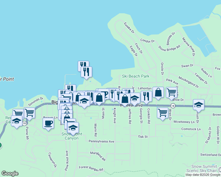 map of restaurants, bars, coffee shops, grocery stores, and more near 41150 Lahontan Drive in Big Bear Lake
