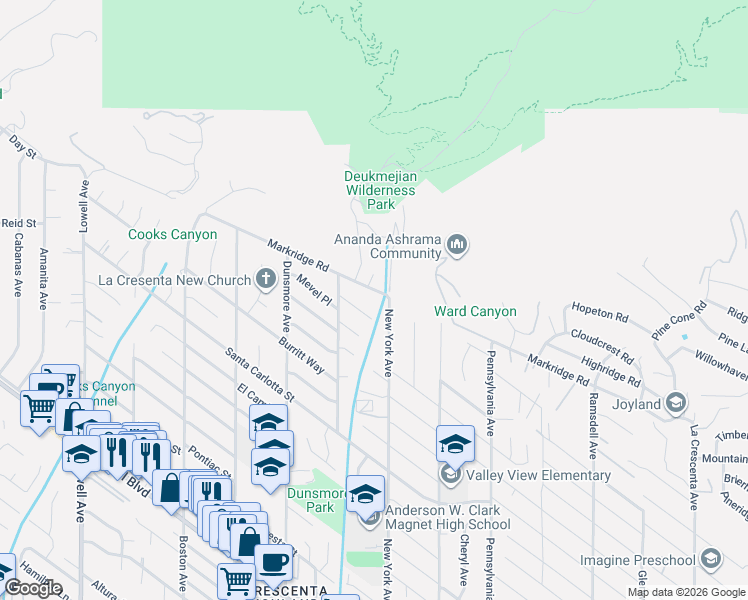map of restaurants, bars, coffee shops, grocery stores, and more near 3404 Markridge Road in Glendale