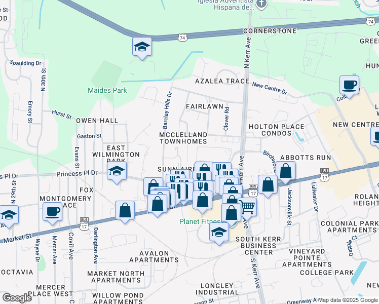 map of restaurants, bars, coffee shops, grocery stores, and more near 322 Saint Rosea Road in Wilmington
