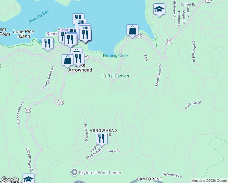 map of restaurants, bars, coffee shops, grocery stores, and more near 307 Canyon Crest Lane in Lake Arrowhead