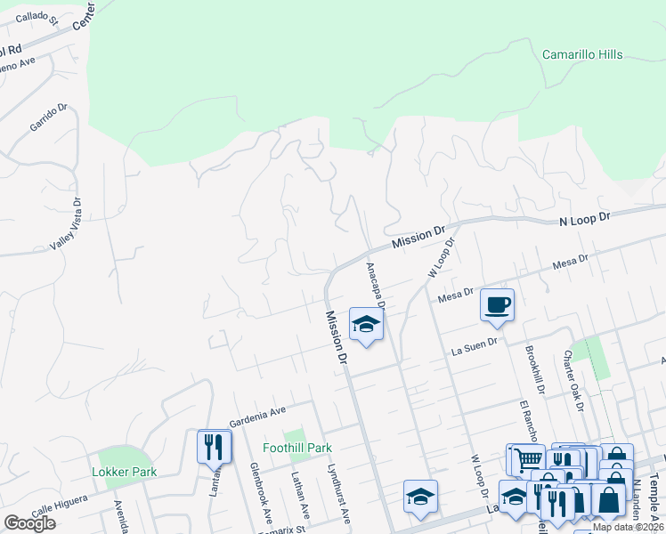 map of restaurants, bars, coffee shops, grocery stores, and more near 713 Mission Drive in Camarillo