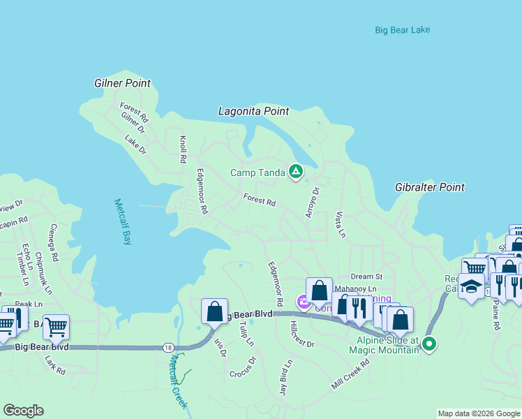 map of restaurants, bars, coffee shops, grocery stores, and more near 428 Shady Lane in Big Bear Lake