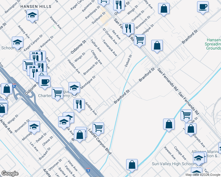 map of restaurants, bars, coffee shops, grocery stores, and more near 9647 Pine Orchard Street in Los Angeles