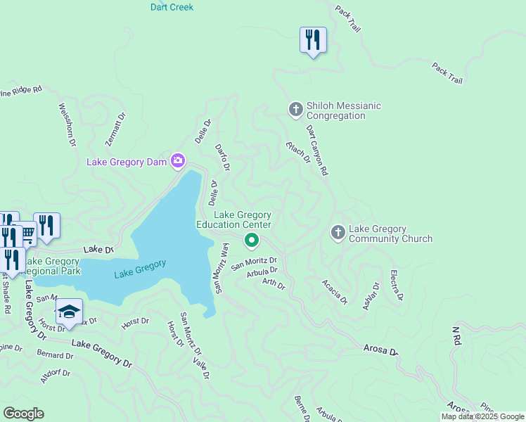 map of restaurants, bars, coffee shops, grocery stores, and more near 463 Delle Drive in Crestline