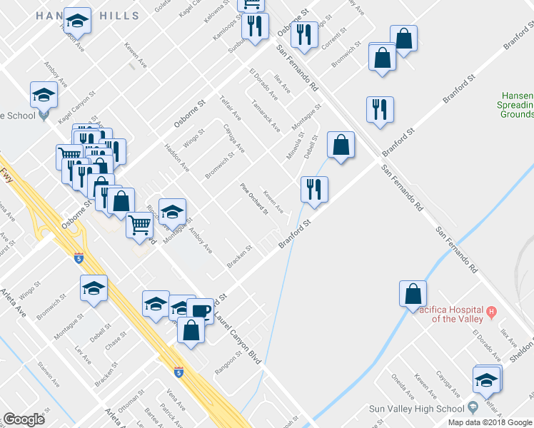 map of restaurants, bars, coffee shops, grocery stores, and more near 9660 Pine Orchard Street in Los Angeles