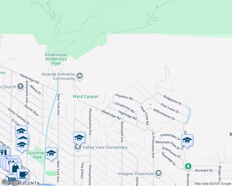 map of restaurants, bars, coffee shops, grocery stores, and more near 3033 Hopeton Road in La Crescenta-Montrose