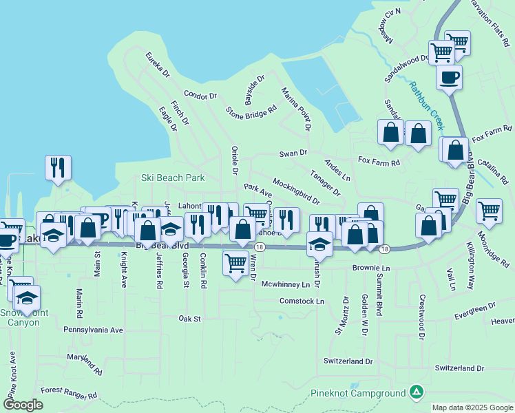 map of restaurants, bars, coffee shops, grocery stores, and more near 387 Wren Drive in Big Bear Lake